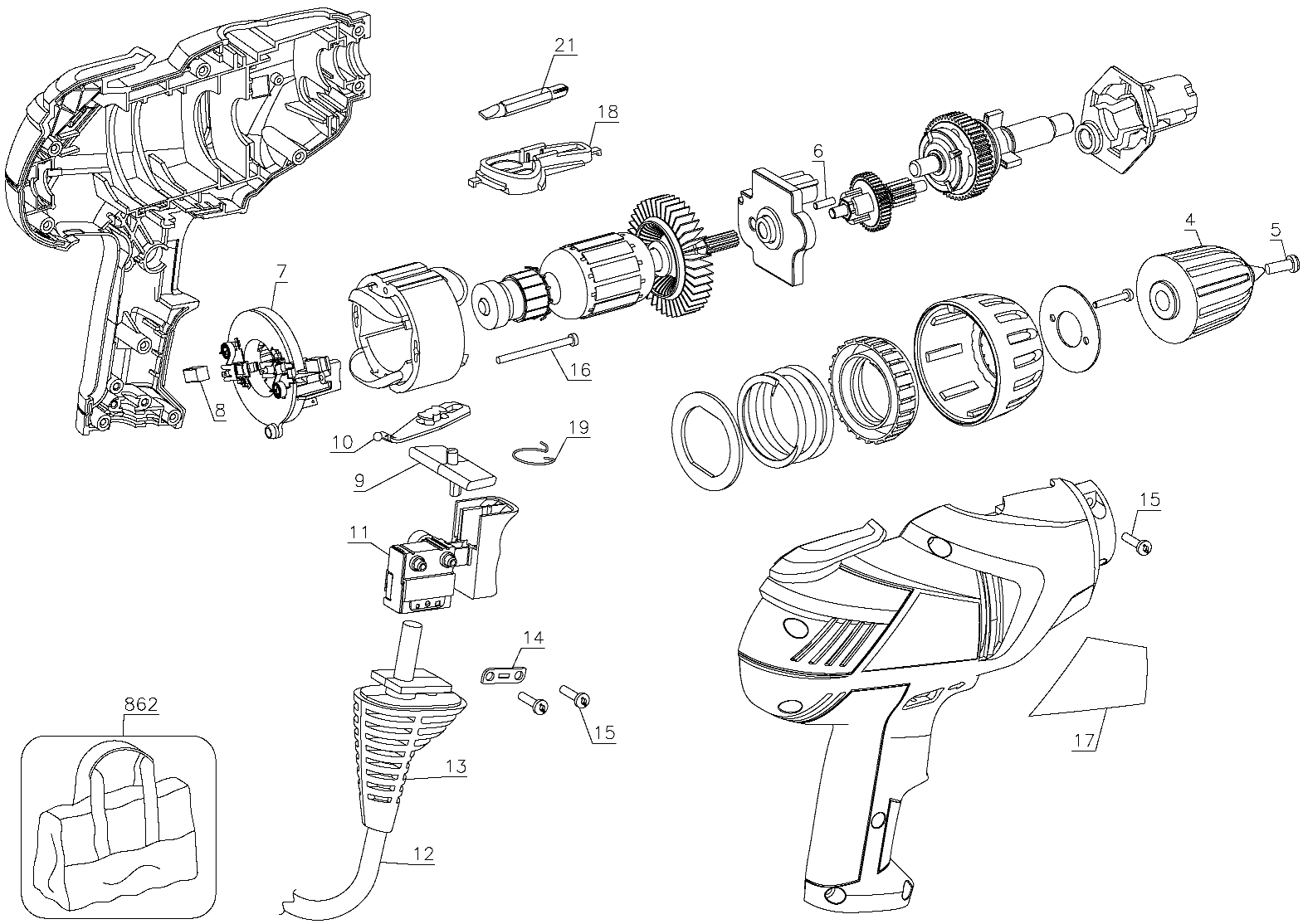 Default Diagram and Parts List for DR330B Type 1 Black and Decker Boring Machine
